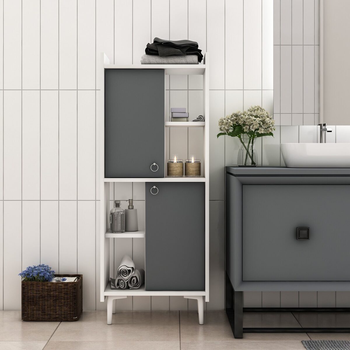 Cantek Dizayn Leeds Banyo Dolabı ve Çok Amaçlı Dolap Beyaz-Antrasit - Görsel 2