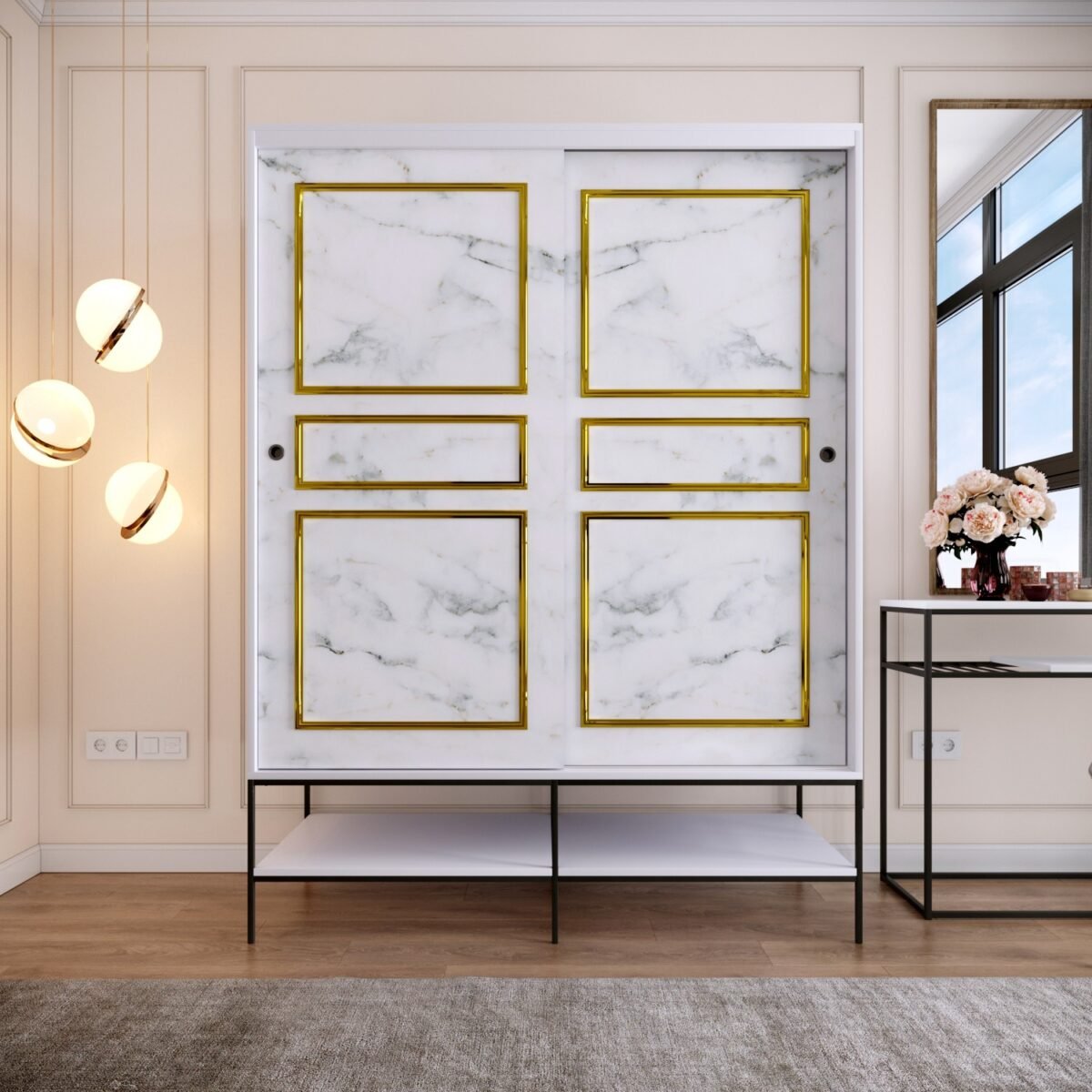Pasific Home Martin 2 Kapaklı Sürgülü Gardırop Elbise Dolabı,150 cm, Beyaz & Beyaz Mermer - Görsel 1
