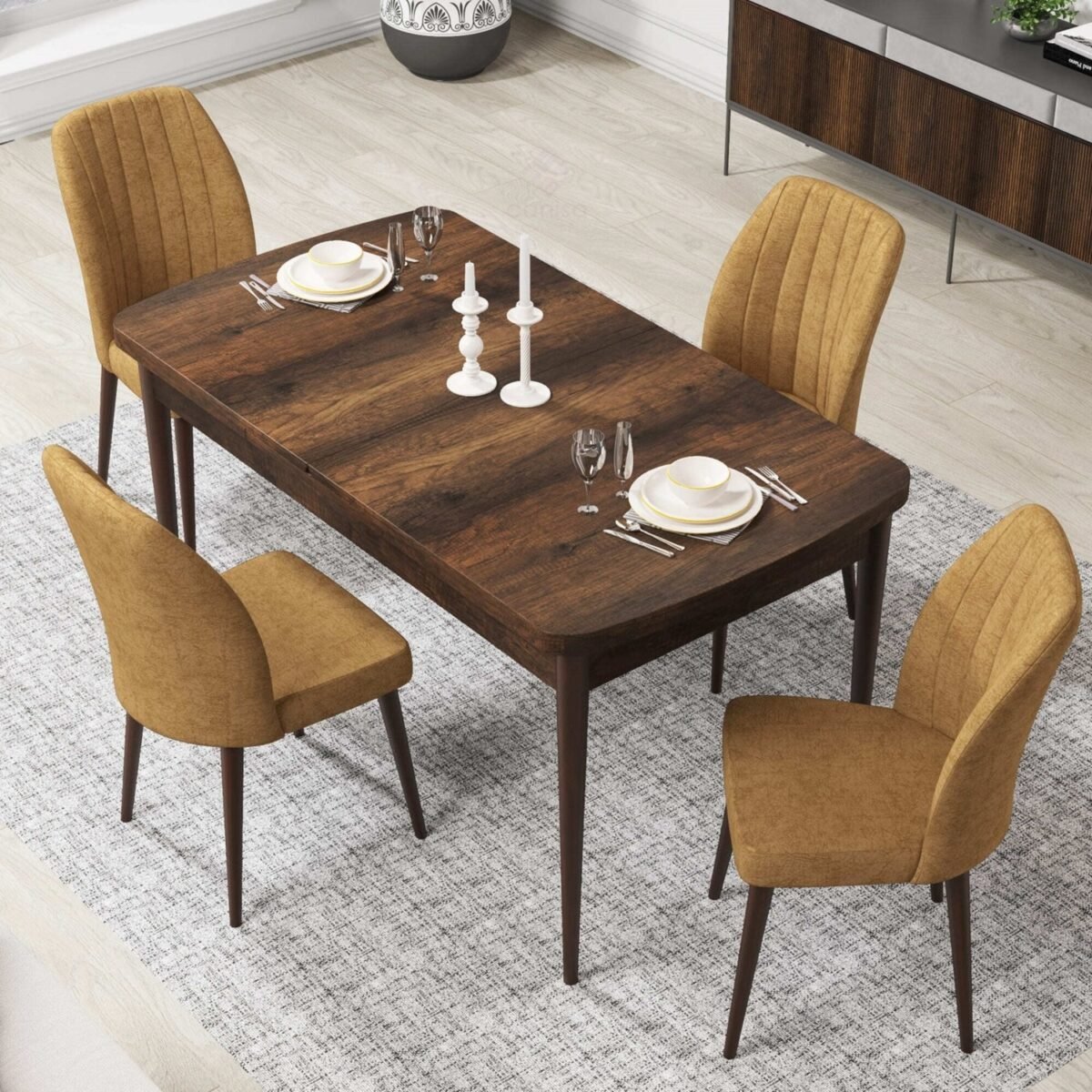 Canisa Concept Par Serisi 70X114, Açılabilir Mdf Mutfak Masa Takımı, Barok Ahşap Desen Masa ve 4 Sandalye - Görsel 1