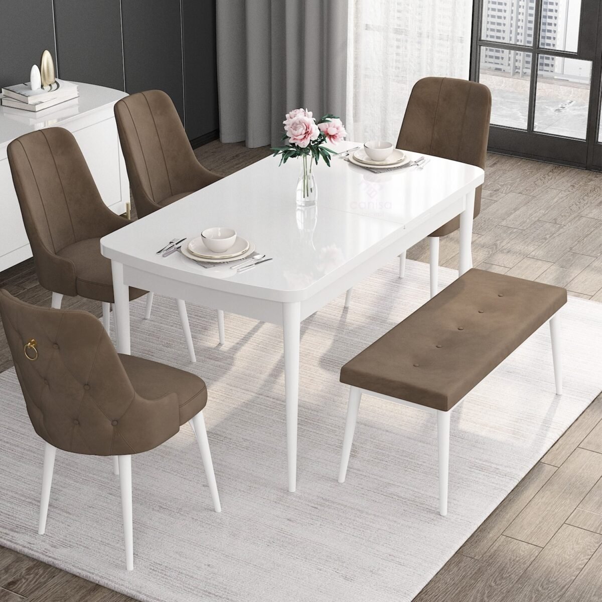 Canisa Concept Noa Serisi, 80X132 Açılabilir Benchli Mdf Beyaz Mutfak Masa Takımı, 4 Sandalye 1 Bench - Görsel 1