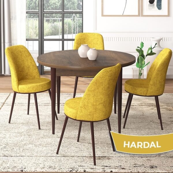 Canisa Concept Tor Serisi, Yuvarlak Mutfak Masa Takımı, Barok Ahşap Desen Masa ve 4 Sandalye