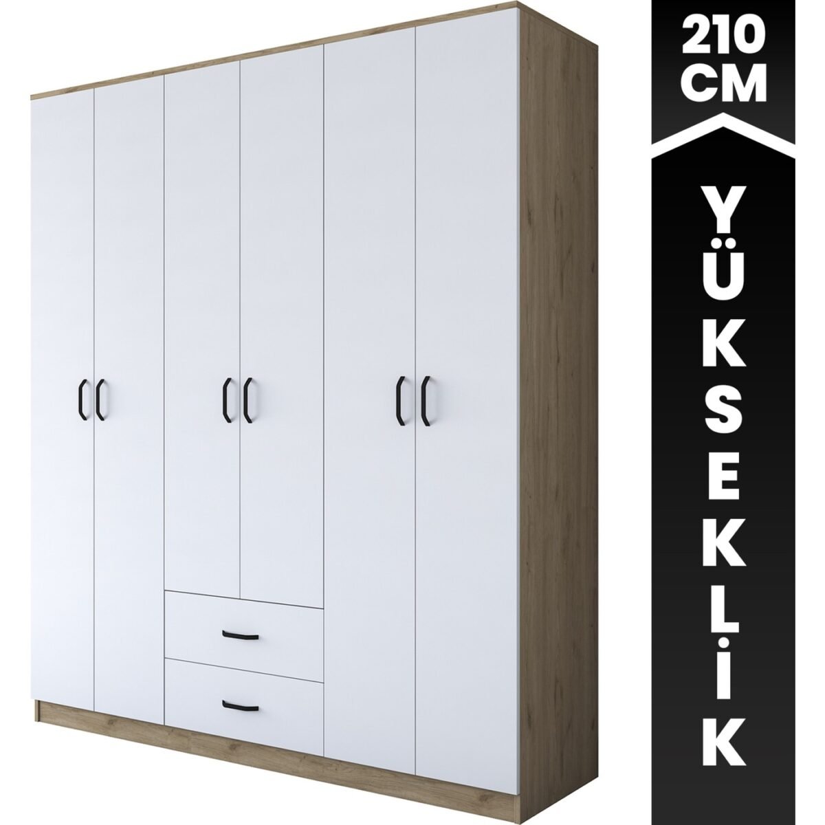Rani BA113 Geniş Gardırop Elbise Dolabı 6 Kapaklı 2 Çekmeceli 6 Raflı 3 Askılı Sepet Ceviz - Beyaz - Görsel 1