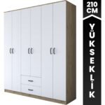 Rani BA113 Geniş Gardırop Elbise Dolabı 6 Kapaklı 2 Çekmeceli 6 Raflı 3 Askılı Sepet Ceviz - Beyaz