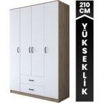 Rani BA112 Geniş Gardırop Elbise Dolabı 4 Kapaklı 2 Çekmeceli 13 Raflı 1 Askılı Sepet Ceviz - Beyaz - Görsel 3