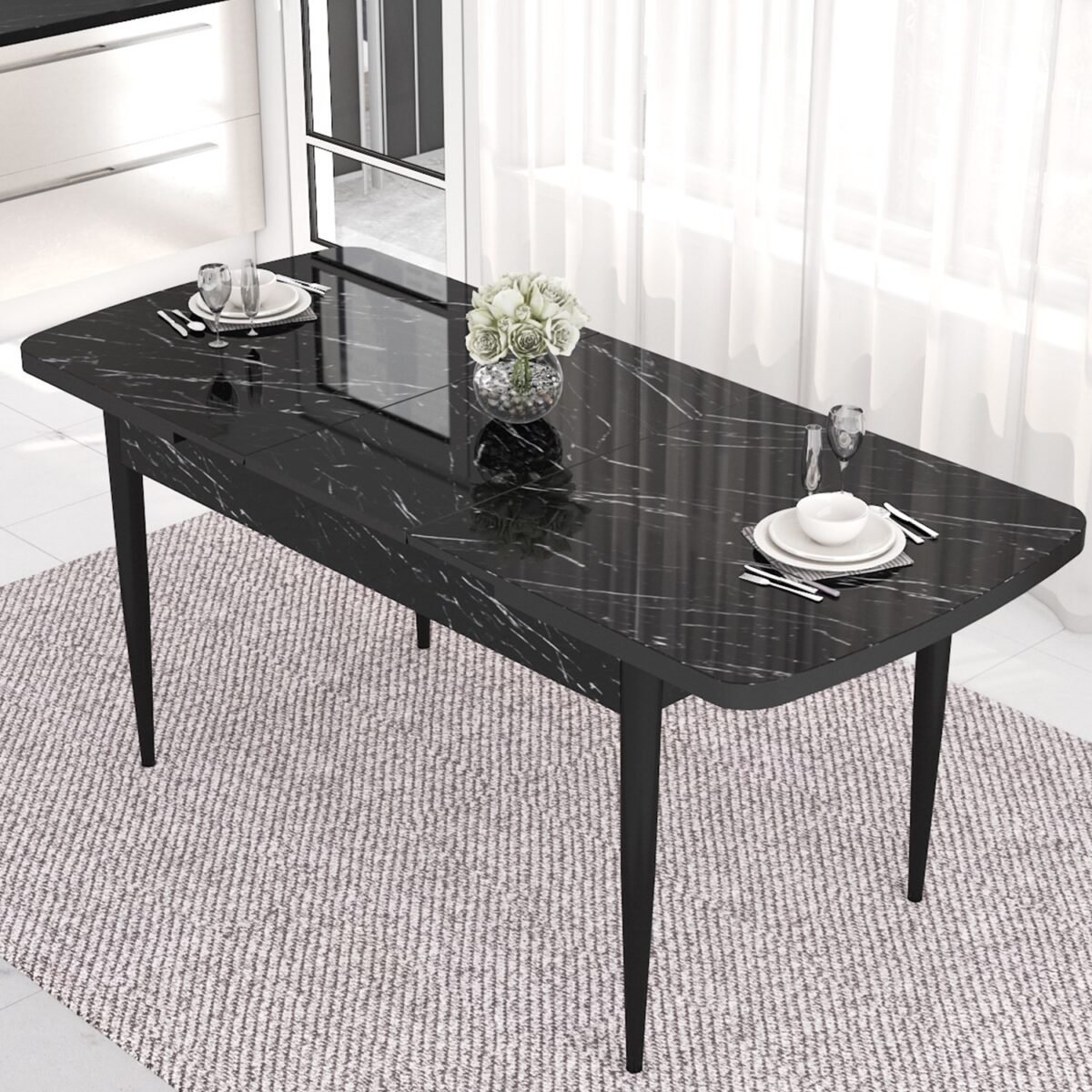 Canisa Concept Aya Serisi 80 x 132 cm Açılabilir Siyah Mermer Desen Mutfak Masa Takımı 4 Sandalye - Görsel 3