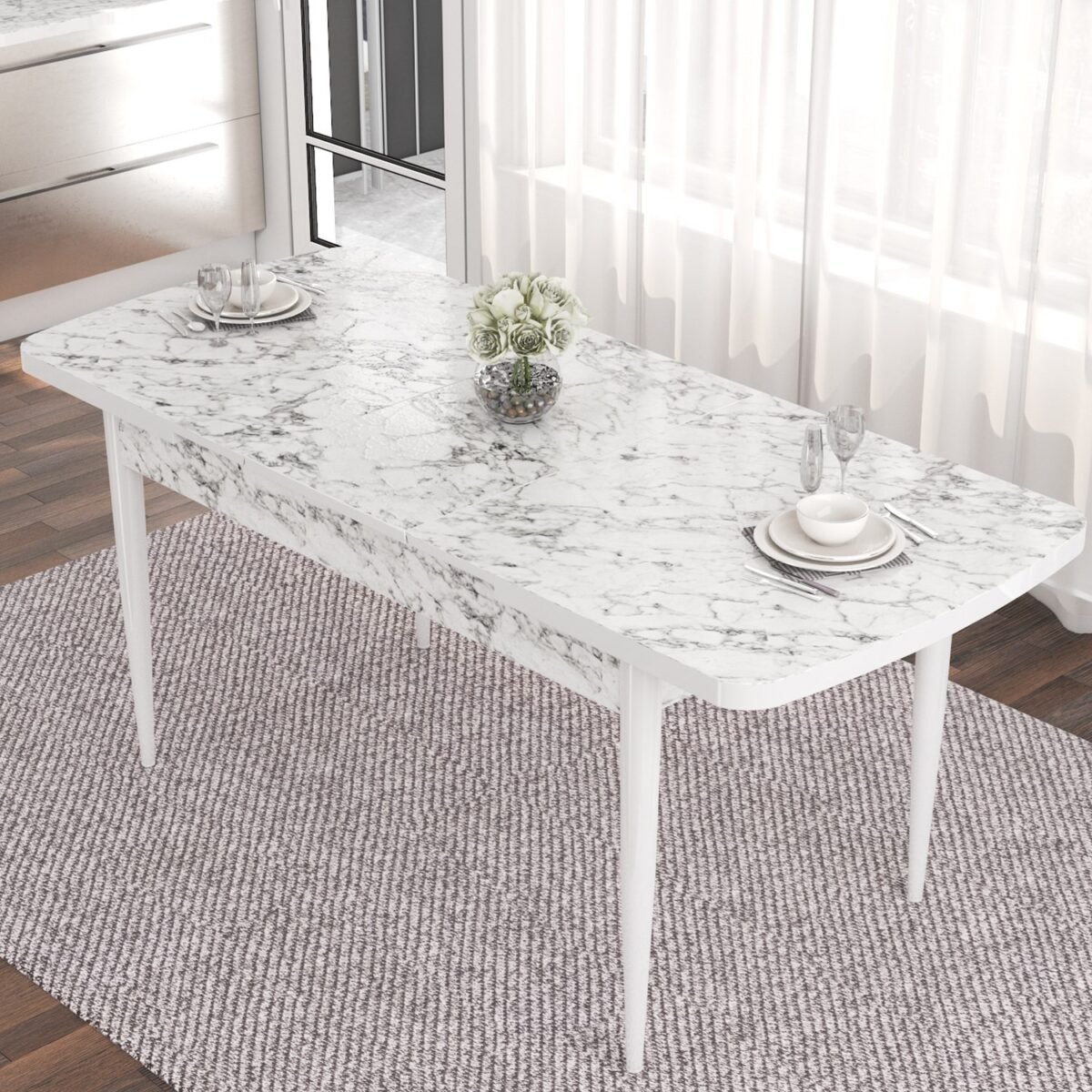 Canisa Concept Noa Serisi,80 x 132 cm Açılabilir Mdf Masa,beyaz Mermer Desen Mutfak Masa Takımı, 4 Sandalye Gümüş Halkalı - Görsel 3