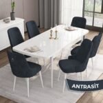 Are Serisi  80 x 132 cm Açılabilir Mdf Masa  Beyaz Mutfak Masa Takımı  6 Sandalye Gümüş Halkalı - Görsel 2