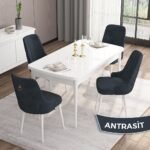 Canisa Concept Are Serisi,  Mdf 80X132 Açılabilir  Beyaz  Mutfak Masa Takımı, 4 Sandalye Gold Halkalı