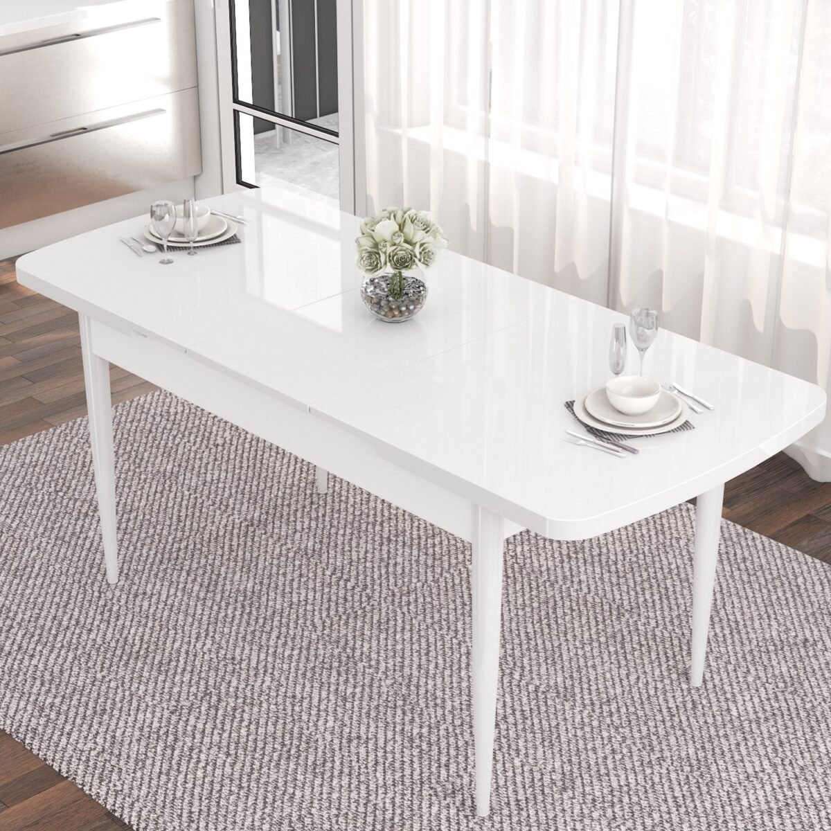 Canisa Concept Are Serisi,  Mdf 80X132 Açılabilir  Beyaz  Mutfak Masa Takımı, 4 Sandalye Gold Halkalı - Görsel 3