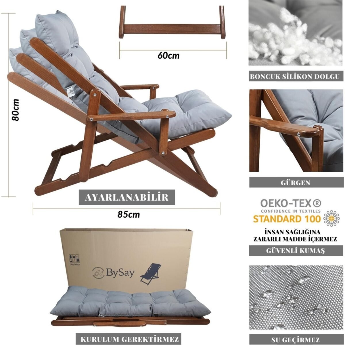 Bysay Ahşap Katlanabilir Taşınır Puf Minderli Kollu Şezlong. Plaj, Bahçe Için 3 Lü Set (Ceviz-Gri) - Görsel 4