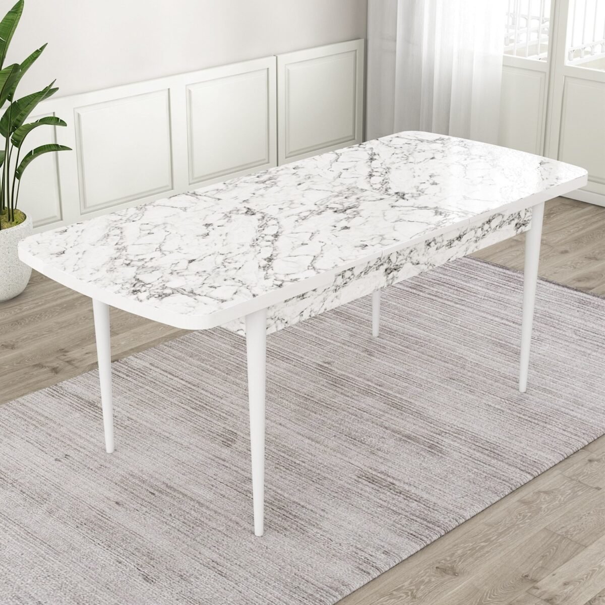 Roe Serisi Açılabilir 80X132 Beyaz Mermer Desen Mutfak Masası Takımı 4 Sandalye 1 Bench - Görsel 4