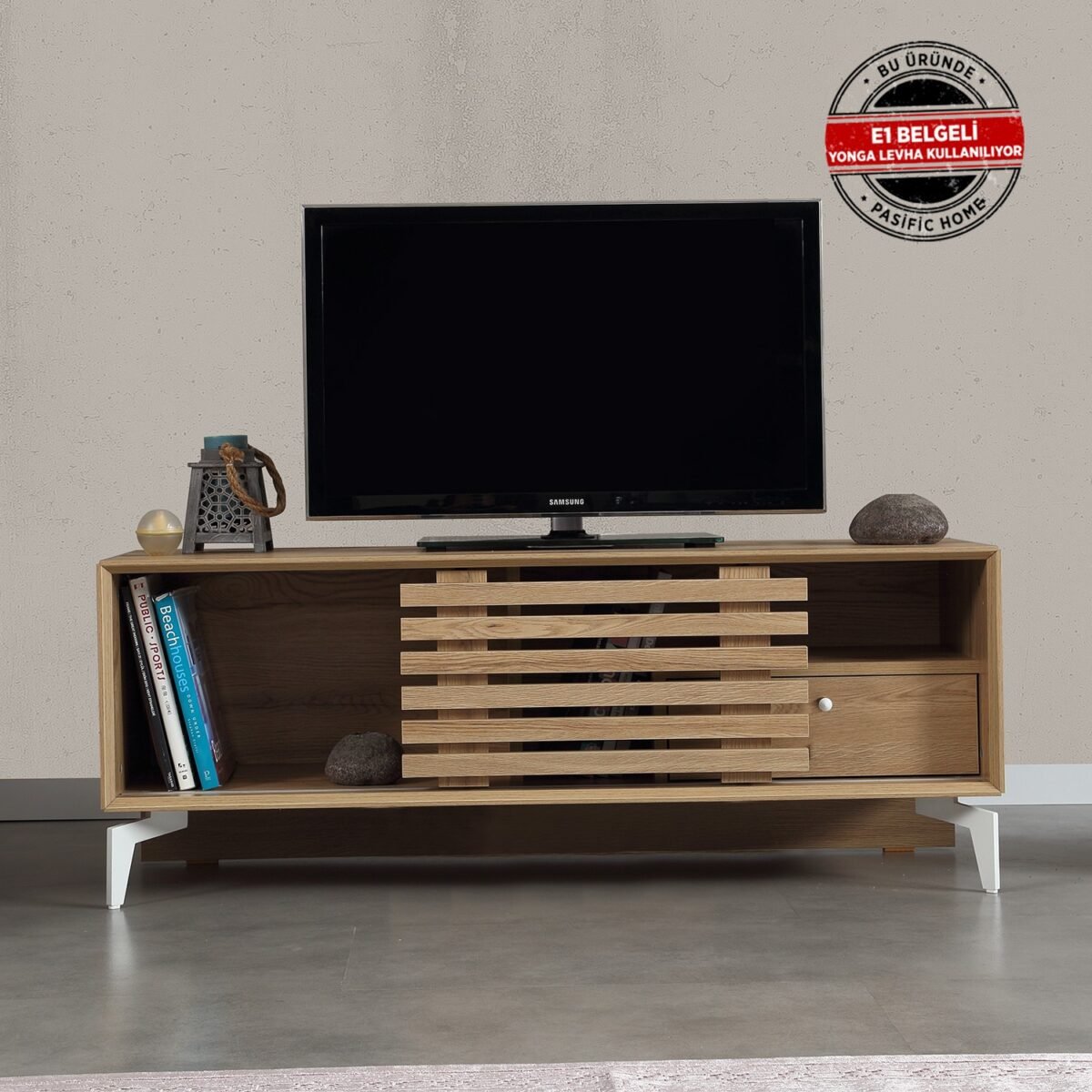 Pasific Home Lulu Metal Ayaklı Sürgülü Tv Ünitesi, 100 Cm, Meşe - Görsel 1