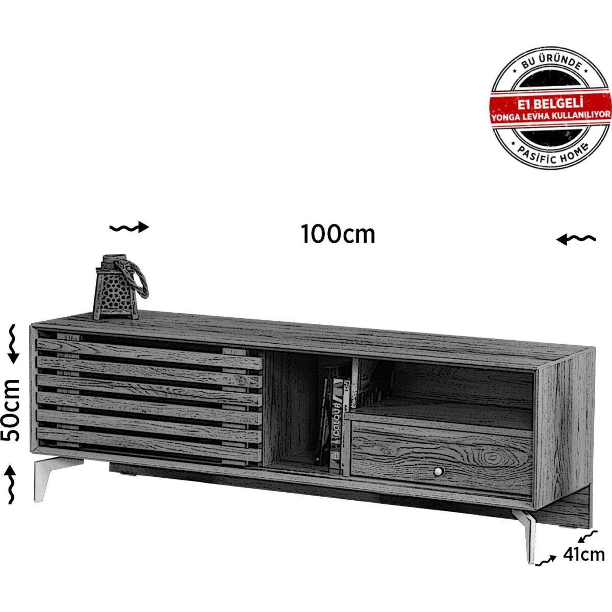 Pasific Home Lulu Metal Ayaklı Sürgülü Tv Ünitesi, 100 Cm, Meşe - Görsel 5