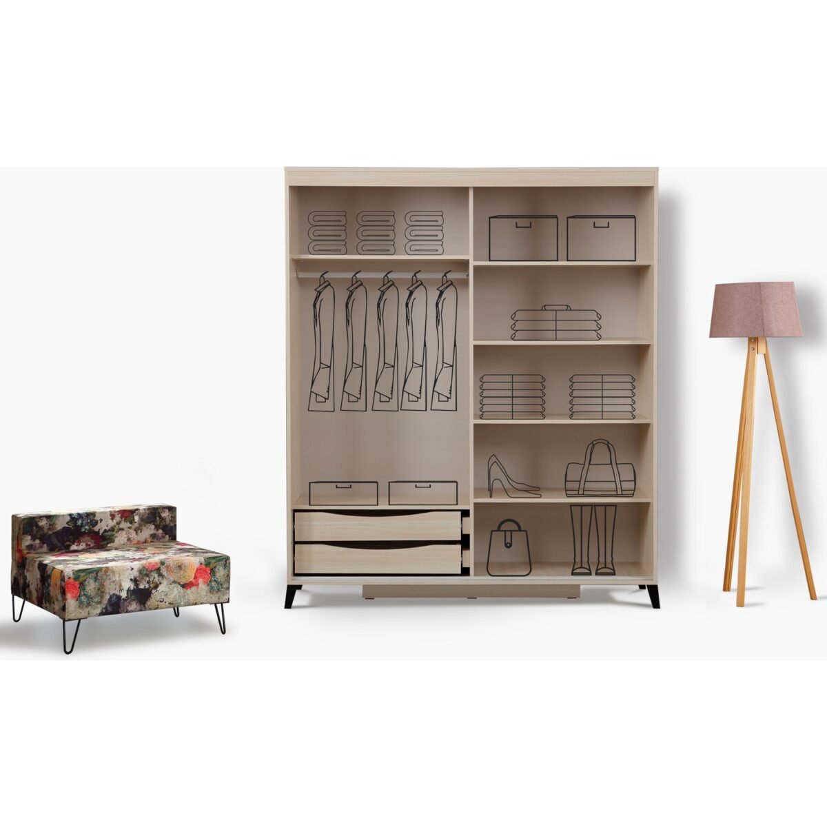 Pasific Home Huga Sürgülü 2 Kapaklı Aynalı Gardırop, Meşe, 150 cm - Görsel 4