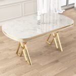 Lai Serisi 90X168 Lak Panel Beyaz Mermer Desen Gold Ayak Masa Takımı 6 Sandalye - Görsel 3