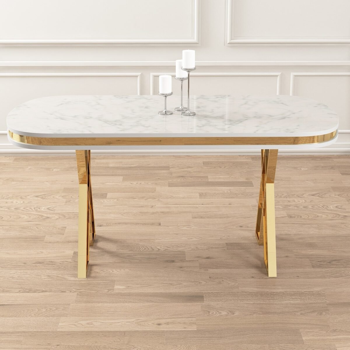Lai Serisi 90X168 Lak Panel Beyaz Mermer Desen Gold Ayak Masa Takımı 6 Sandalye - Görsel 4