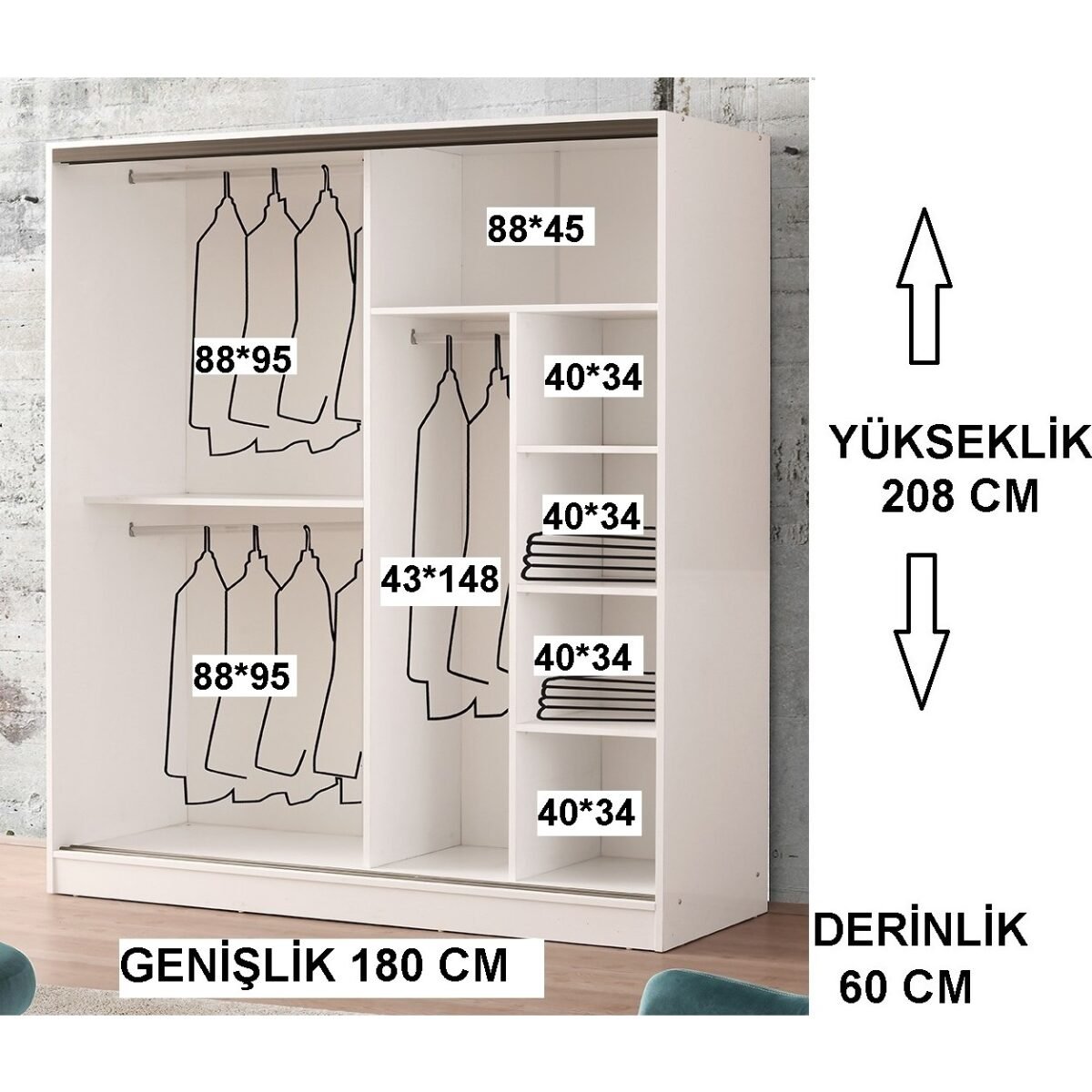 Beenal Venüs Sürgülü Gardırop 180 cm - Parlak Beyaz - Görsel 3
