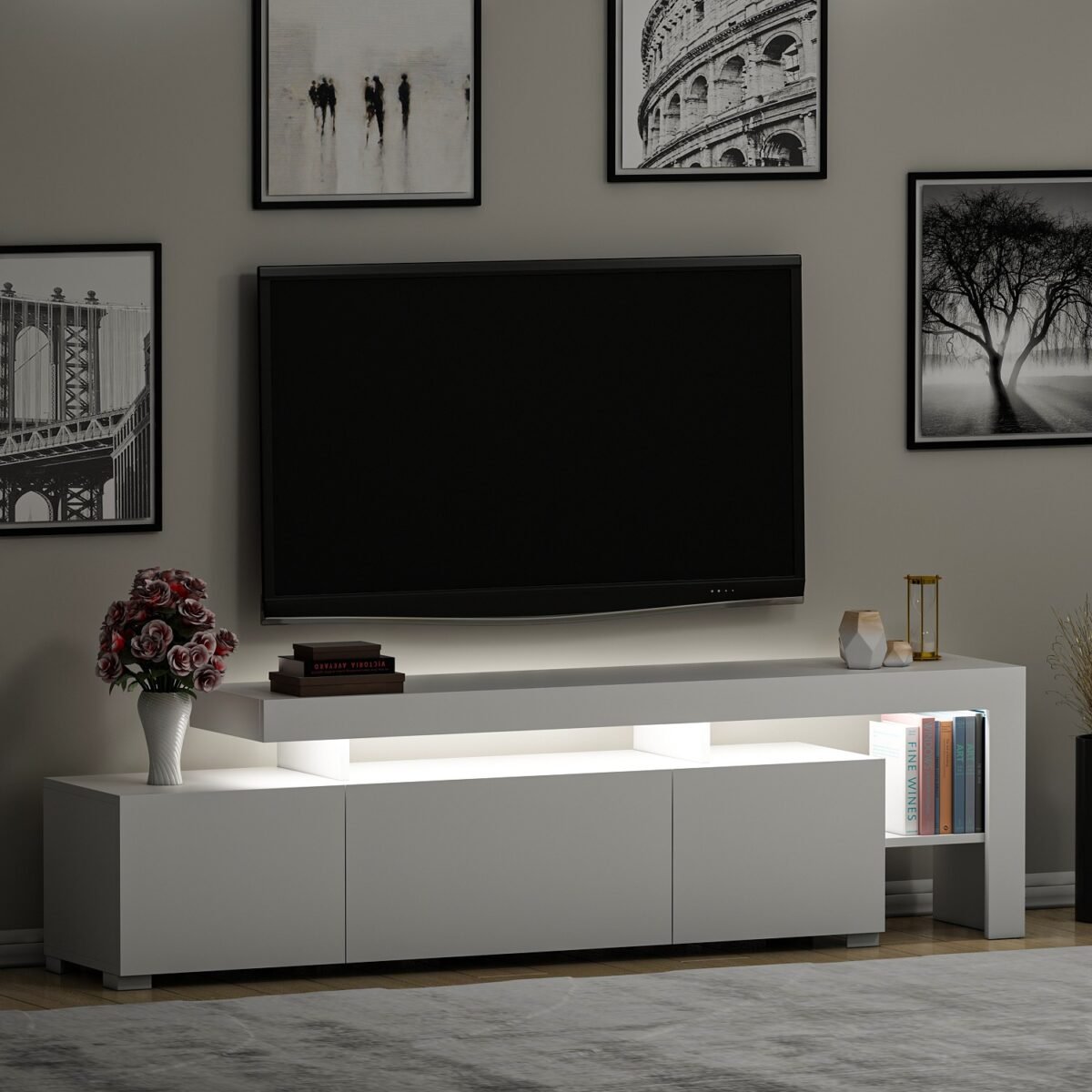İnarch Dizayn Beliz Led Işıklı Tv Ünitesi, Tv Sehpası, Raflı - Parlak Beyaz - Görsel 5