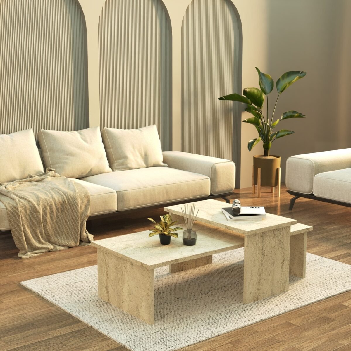 Cool Home Vera 2 ' Li Orta Sehpa , Servis Sehpası  Traverten (Mermer Desen) - Görsel 1