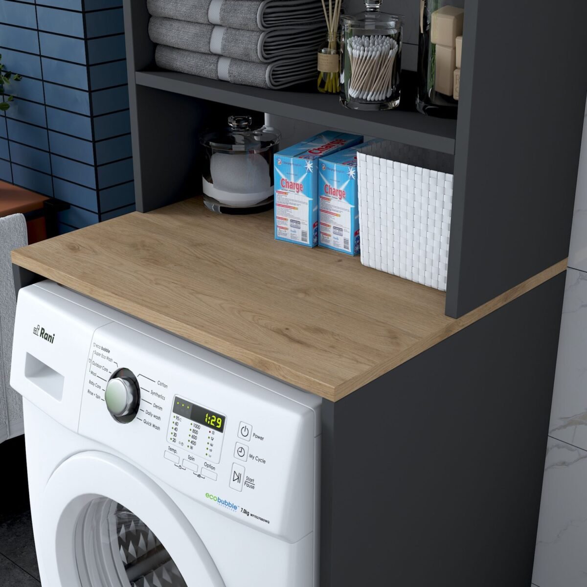 Rani KD101 Çamaşır Makinesi Dolabı 3 Raflı Kapaklı Banyo Dolabı Antrasit - Sepet Ceviz - Görsel 2