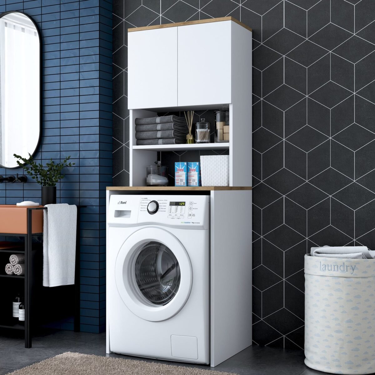 Rani KD101 Çamaşır Makinesi Dolabı 3 Raflı Kapaklı Banyo Dolabı Beyaz - Sepet Ceviz - Görsel 1