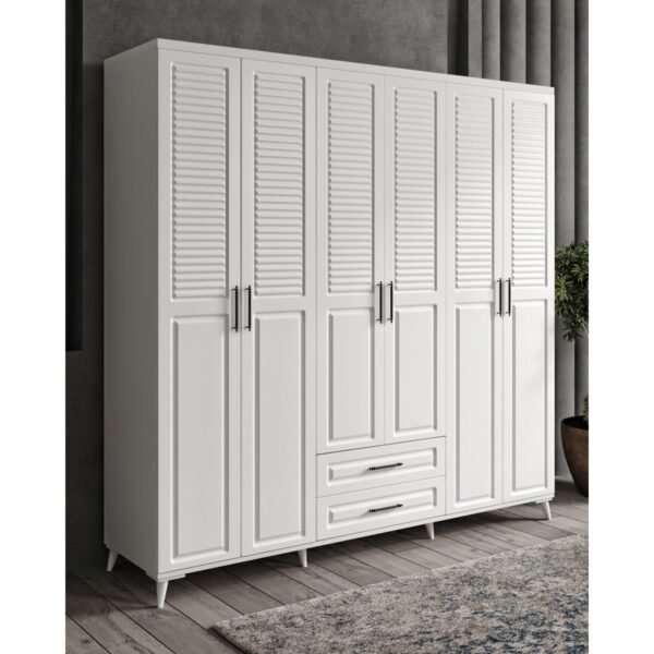 GuneyStore - Sanat 6 Kapaklı Beyaz Gardırop - Komple MDF Çekmeceli Elbise Dolabı - Ücretsiz Montaj