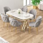 Canisa Zae Serisi 90 x 168 Lak Panel Beyaz Mermer Desen Gold Ayak Masa Takımı 6 Gri Sandalye