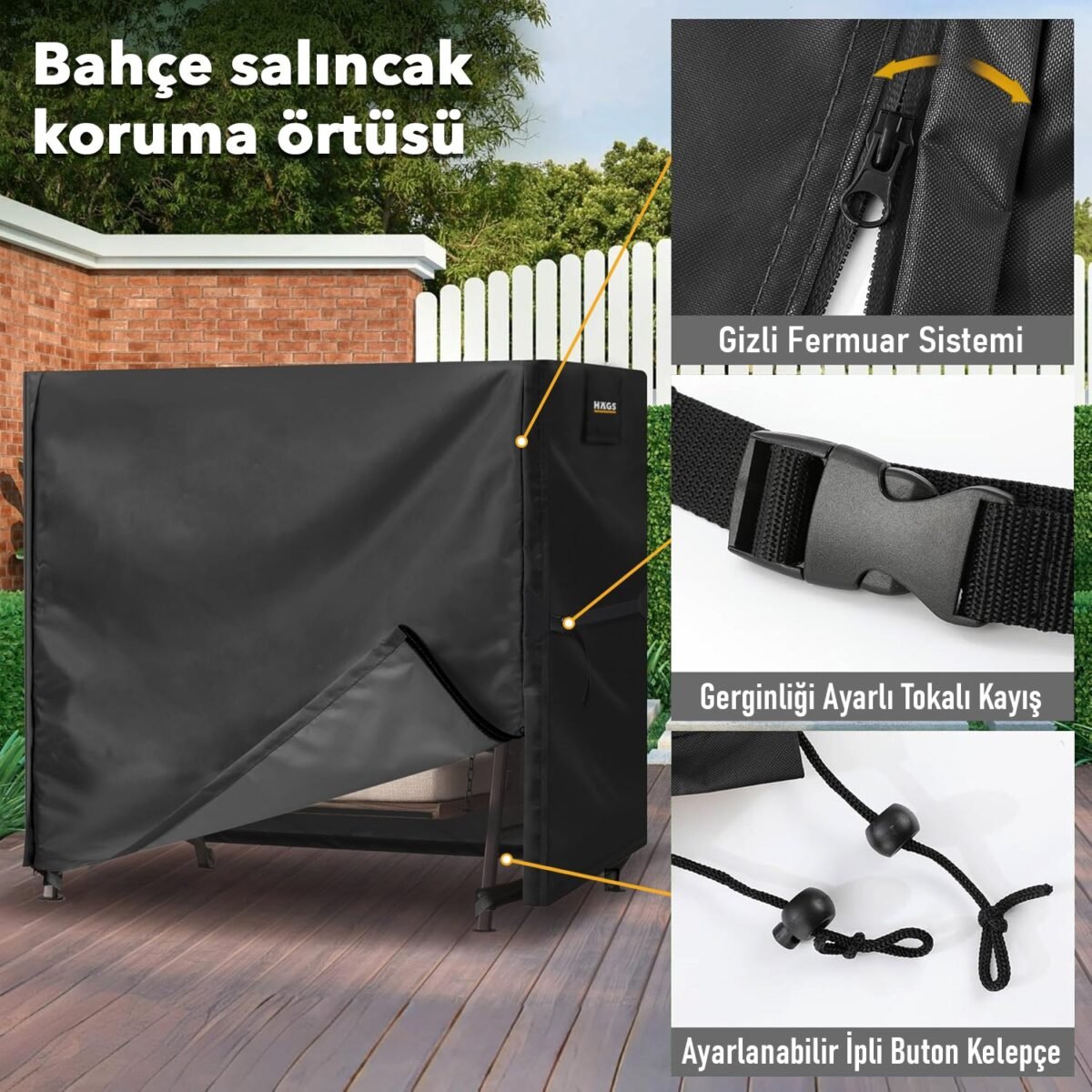 Haegs Bahçe Salıncak Koruma Örtüsü Üç Kişilik Tenteli Hamak Salıncak Kılıfı Branda 210 x 125 x 170 cm  Gri - Görsel 4