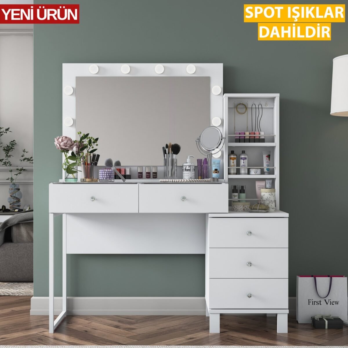Rani BJ151 Hollywood Işıklı Aynalı Kulis Makyaj Masası Cam Tablalı 5 Çekmeceli Takı Düzenleyici Beyaz - Görsel 3