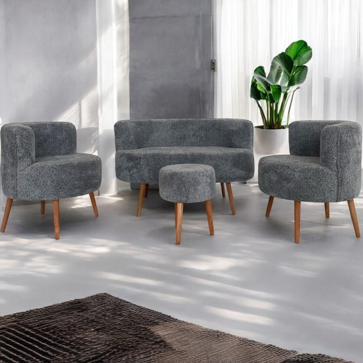 Gri Teddy Kumaş Çay Seti Ikili Koltuk Berjer ve Çift Kişilik Puf  (Salon, Balkon, Ofis) 4'lü Takım - Görsel 1