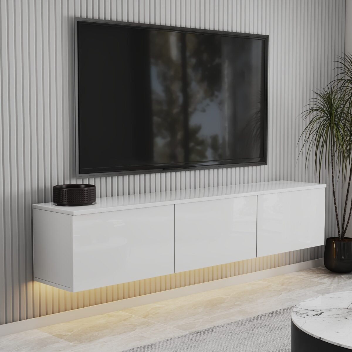 T0020 Alston 3 Kapaklı Duvara Monte Tv Ünitesi – LED Işıklı, Modern Tasarım, 160  cm - Görsel 1