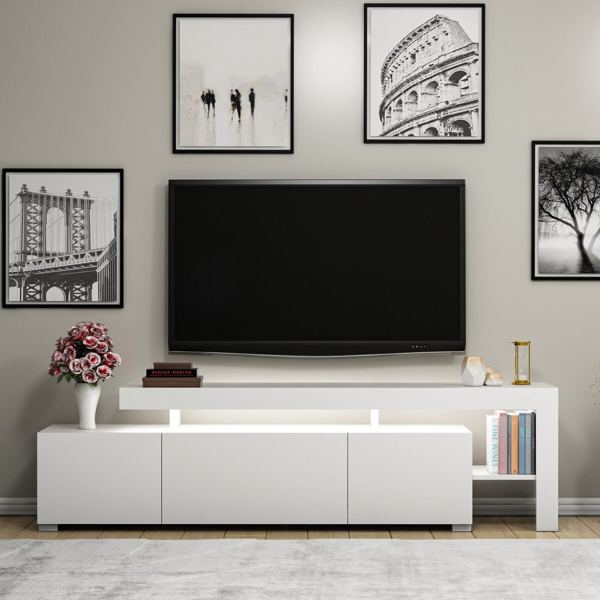 İnarch Dizayn Beliz Led Işıklı Tv Ünitesi, Tv Sehpası, Raflı - Parlak Beyaz - Görsel 1