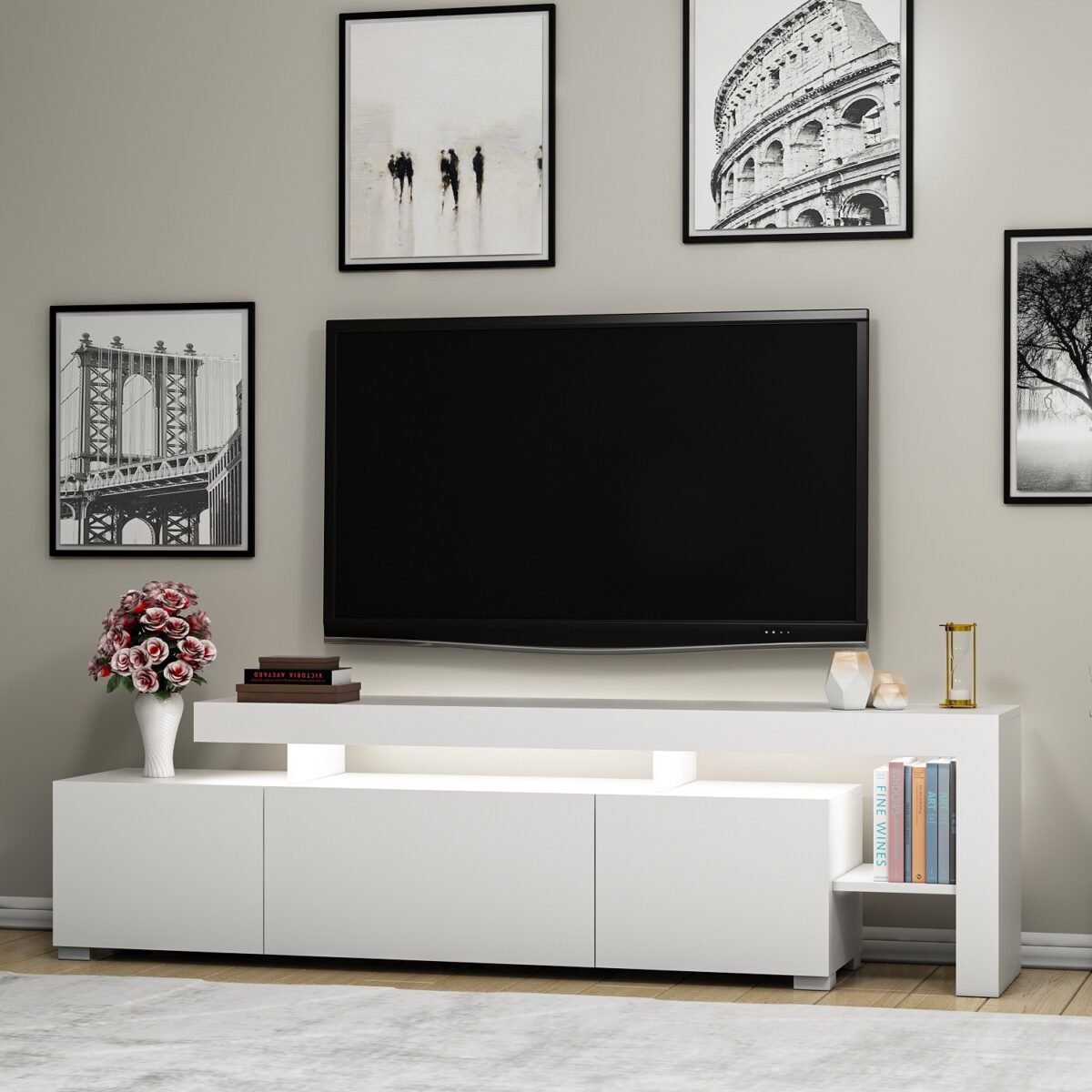 İnarch Dizayn Beliz Led Işıklı Tv Ünitesi, Tv Sehpası, Raflı - Parlak Beyaz - Görsel 2